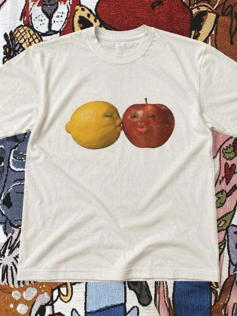 Cute Lemon & Apple Kiss Graphic T-Shirt – White Fruit Print Tee – Y2K Style
